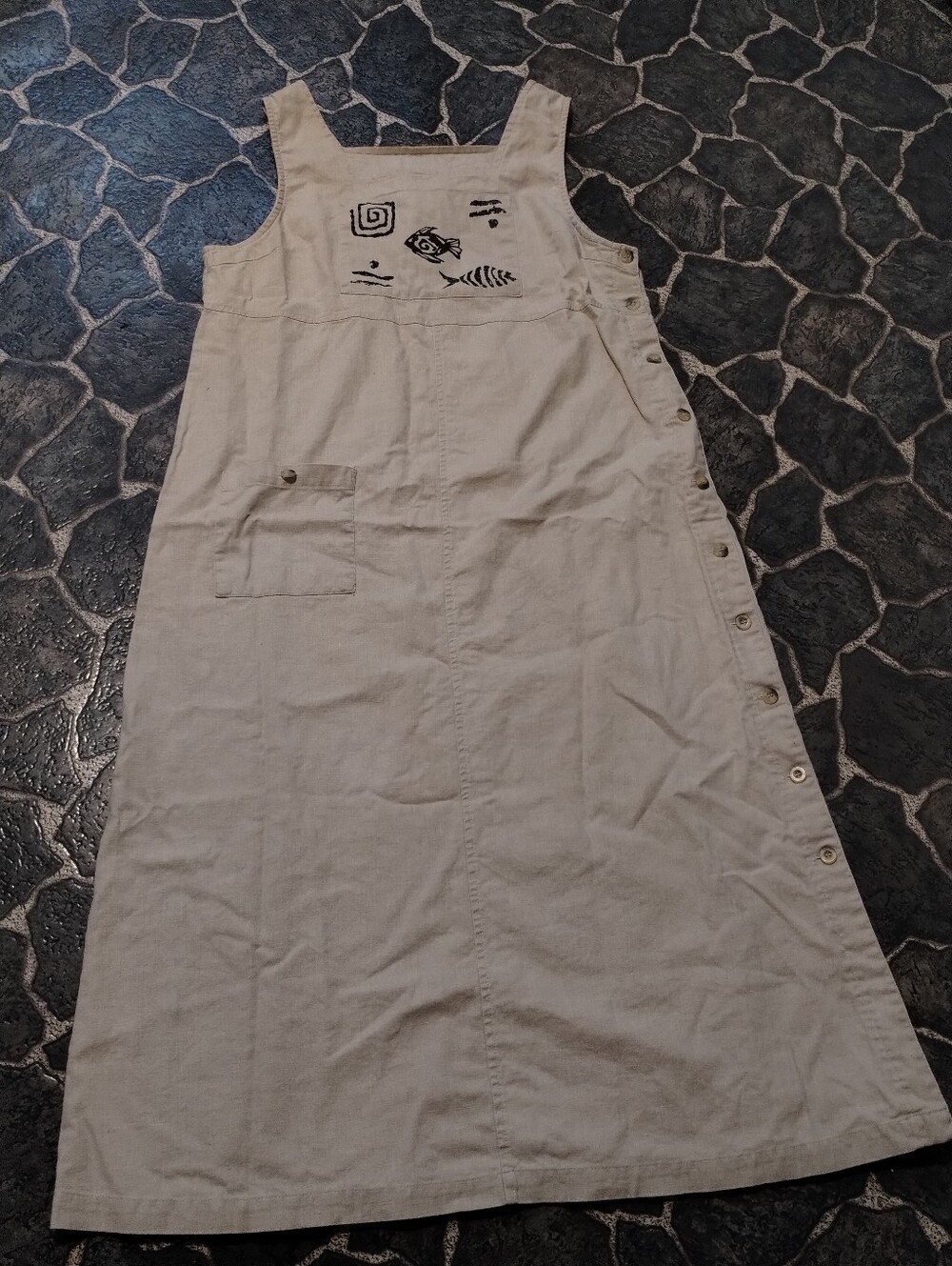 Blue J. Linen Tan Sleeveless Maxi Dress Buttons up side Size L VINTAGE 90s